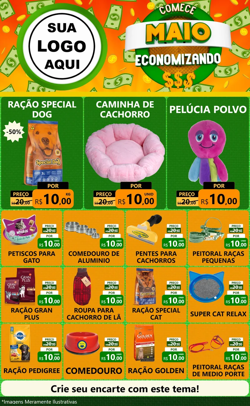 Modelo de Encarte para Encarte Grande com o tema Comece Maio Economizando para Pet Shop