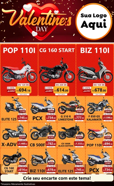 Modelo de Encarte para Encarte Grande com o tema Valentine's Day para Concessionaria de Motos