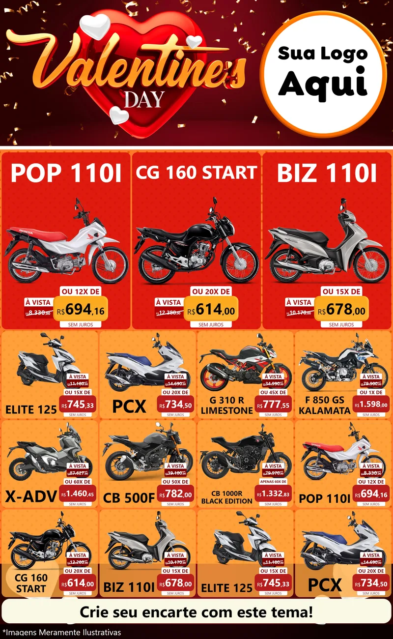 Modelo de Encarte para Encarte Grande com o tema Valentine's Day para Concessionaria de Motos