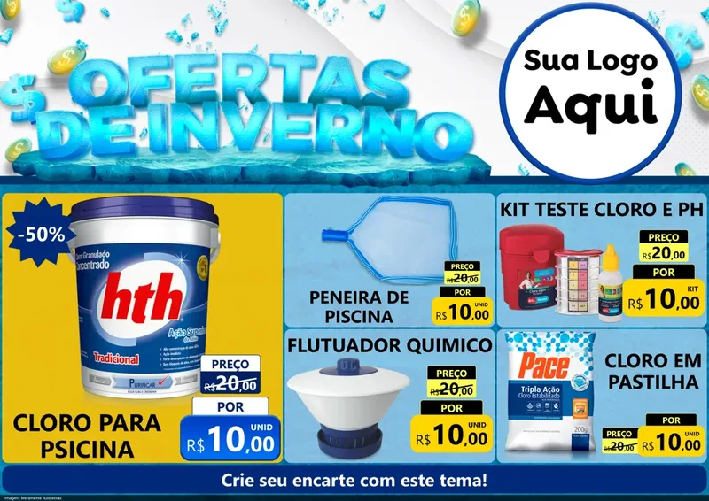 Modelo de Encarte para Encarte A4 Horizontal com o tema Ofertas de Inverno para Produtos para Piscina