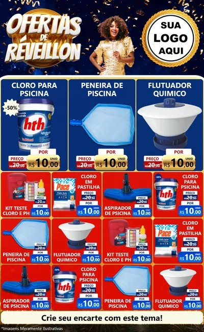 Modelo de Encarte para Encarte Grande com o tema Ofertas de Réveillon para Produtos para Piscina