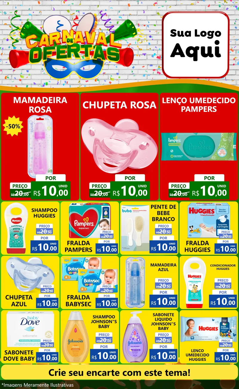 Modelo de Encarte para Encarte Grande com o tema Carnaval de Ofertas para Bebês