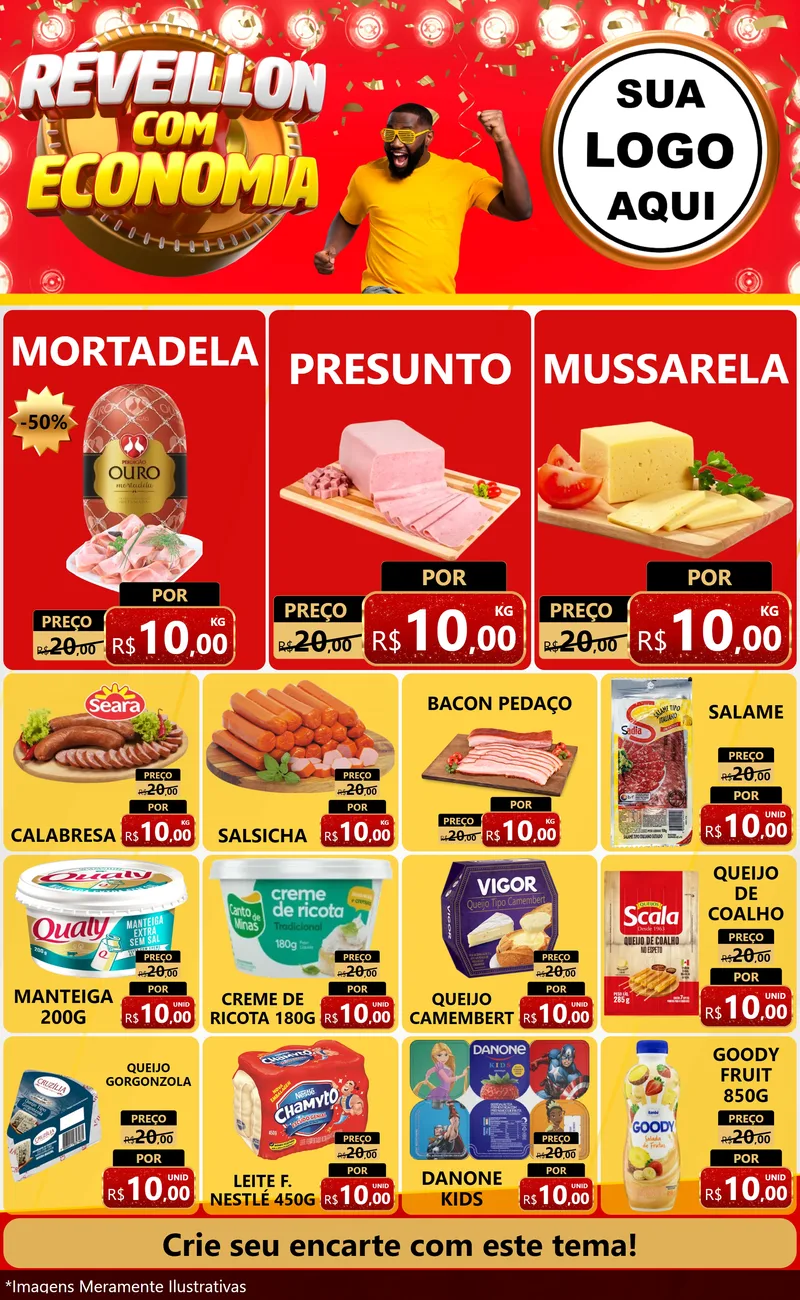 Modelo de Encarte para Encarte Grande com o tema Réveillon com Economia para Frios e Laticínios