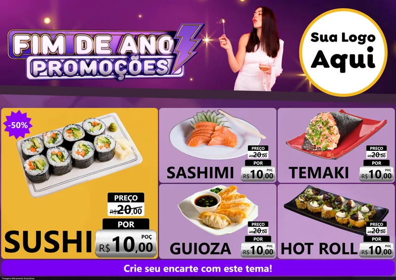 Modelo de Encarte para Encarte A4 Horizontal com o tema Fim de Ano Promoções para Comida japonesa