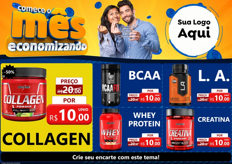 Modelo de Encarte para Encarte A4 Horizontal com o tema Comece O Mês Economizando para Suplementos alimentares
