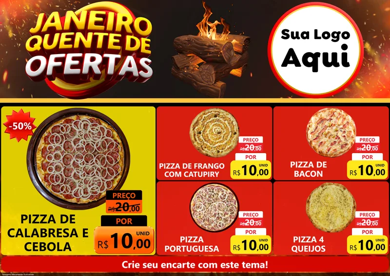 Modelo de Encarte para Encarte A4 Horizontal com o tema Janeiro Quente de Ofertas para Pizzaria