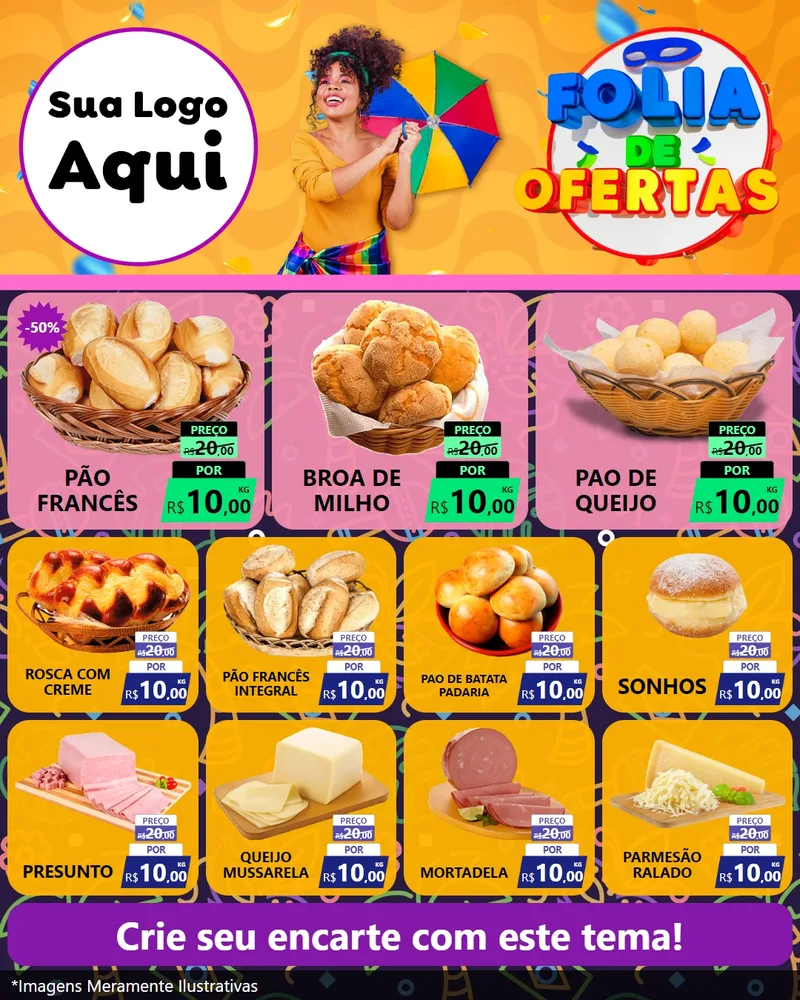 Modelo de Rede Social para Feed Instagram com o tema Folia de Ofertas para Padaria
