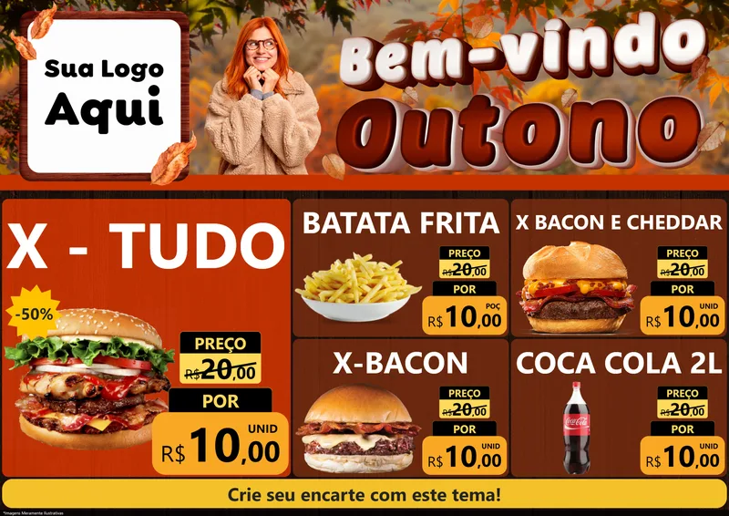 Modelo de Encarte para Encarte A4 Horizontal com o tema Bem-vindo Outono para Hamburgueria
