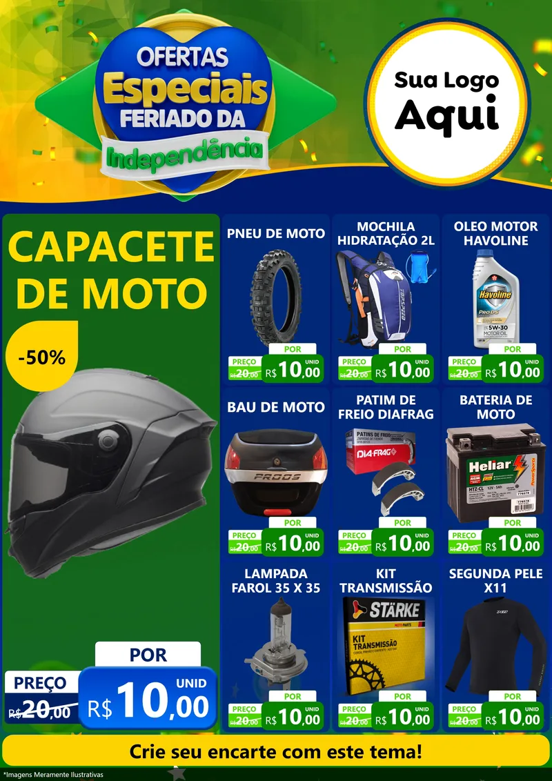 Modelo de Encarte para Encarte A4 Vertical com o tema Ofertas Especiais Feriado da Independência para Moto peças