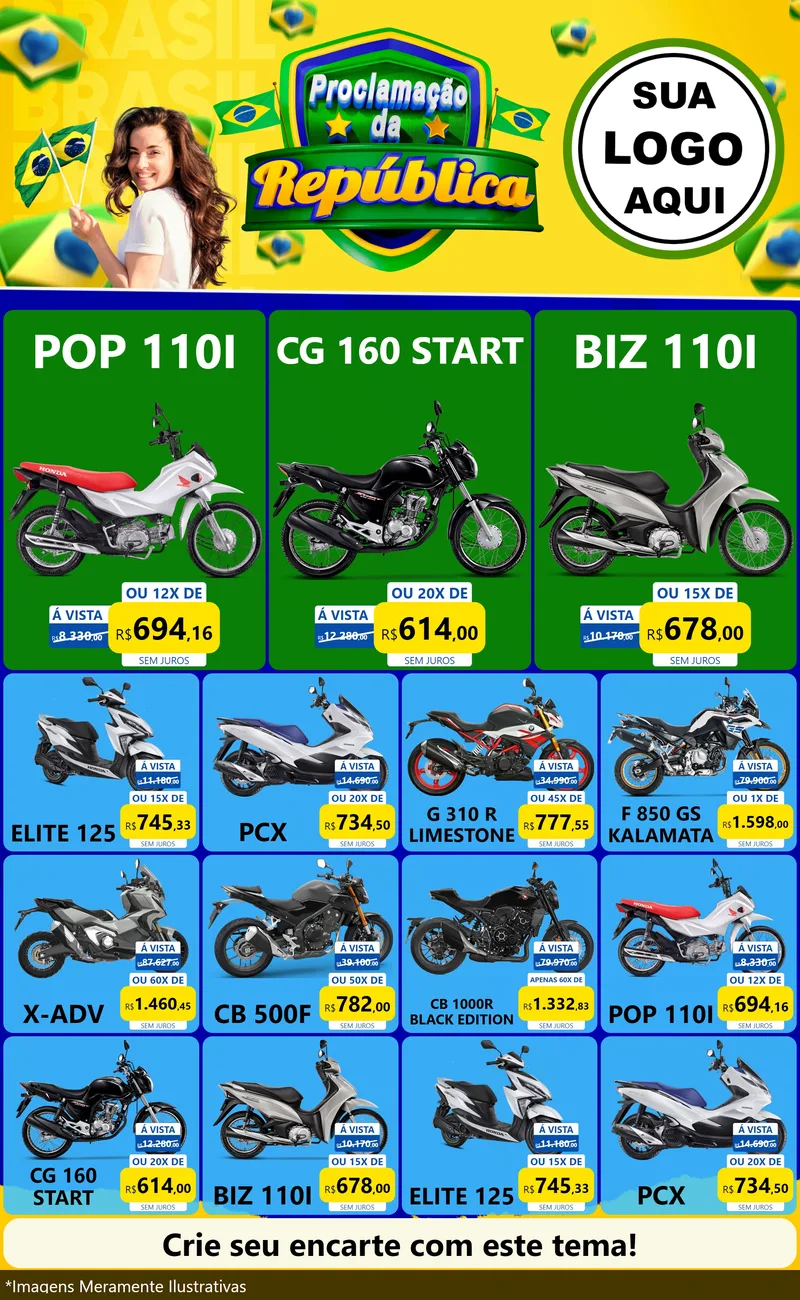 Modelo de Encarte para Encarte Grande com o tema Proclamação da República para Concessionaria de Motos