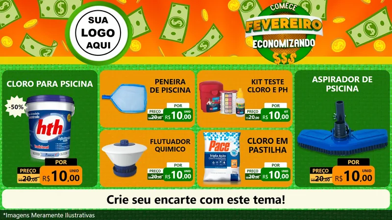 Modelo de TV para TV Horizontal com o tema Comece Fevereiro Economizando para Produtos para Piscina