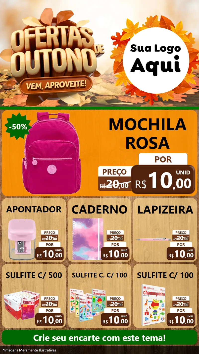 Modelo de Rede Social para Stories com o tema Ofertas de Outono - Vem, Aproveite! para Papelaria