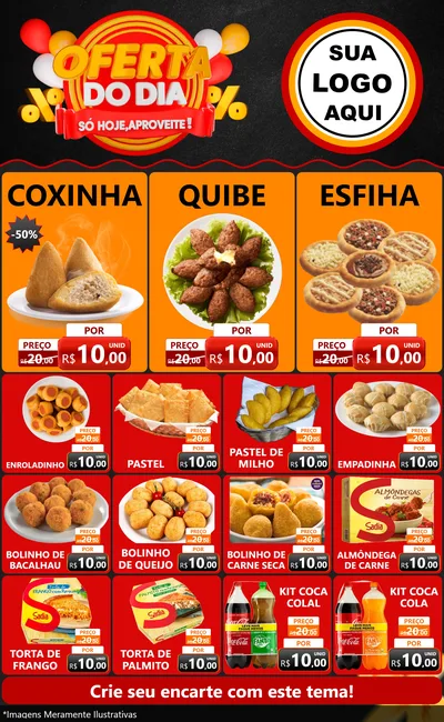 Modelo de Encarte para Encarte Grande com o tema Oferta do Dia - Só hoje, Aproveite! para Salgadaria