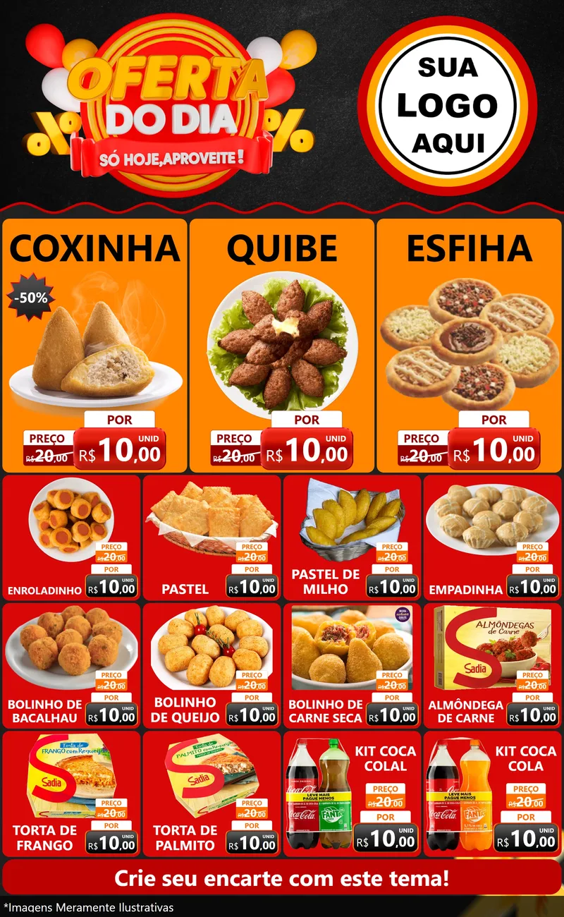 Modelo de Encarte para Encarte Grande com o tema Oferta do Dia - Só hoje, Aproveite! para Salgadaria