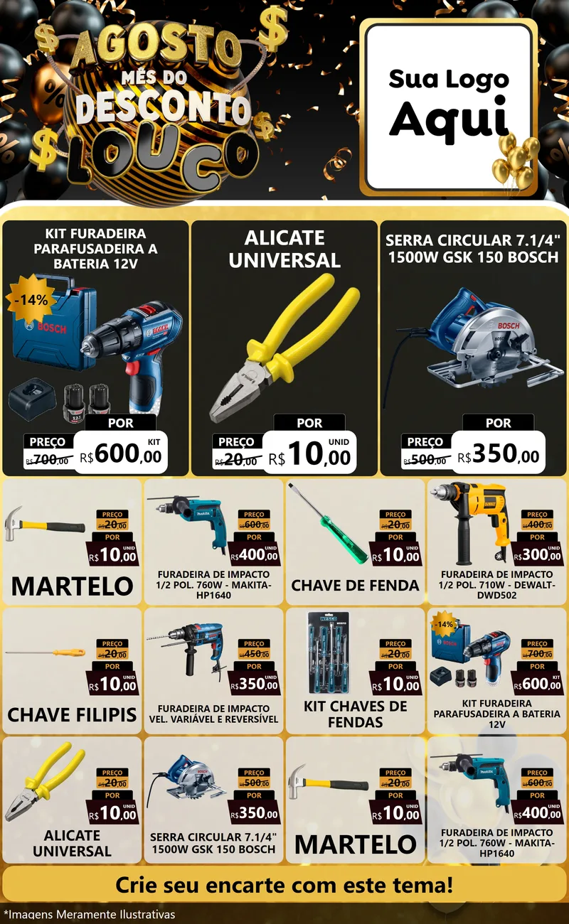 Modelo de Encarte para Encarte Grande com o tema Agosto Mês do Desconto Louco para Maquinas e Ferramentas