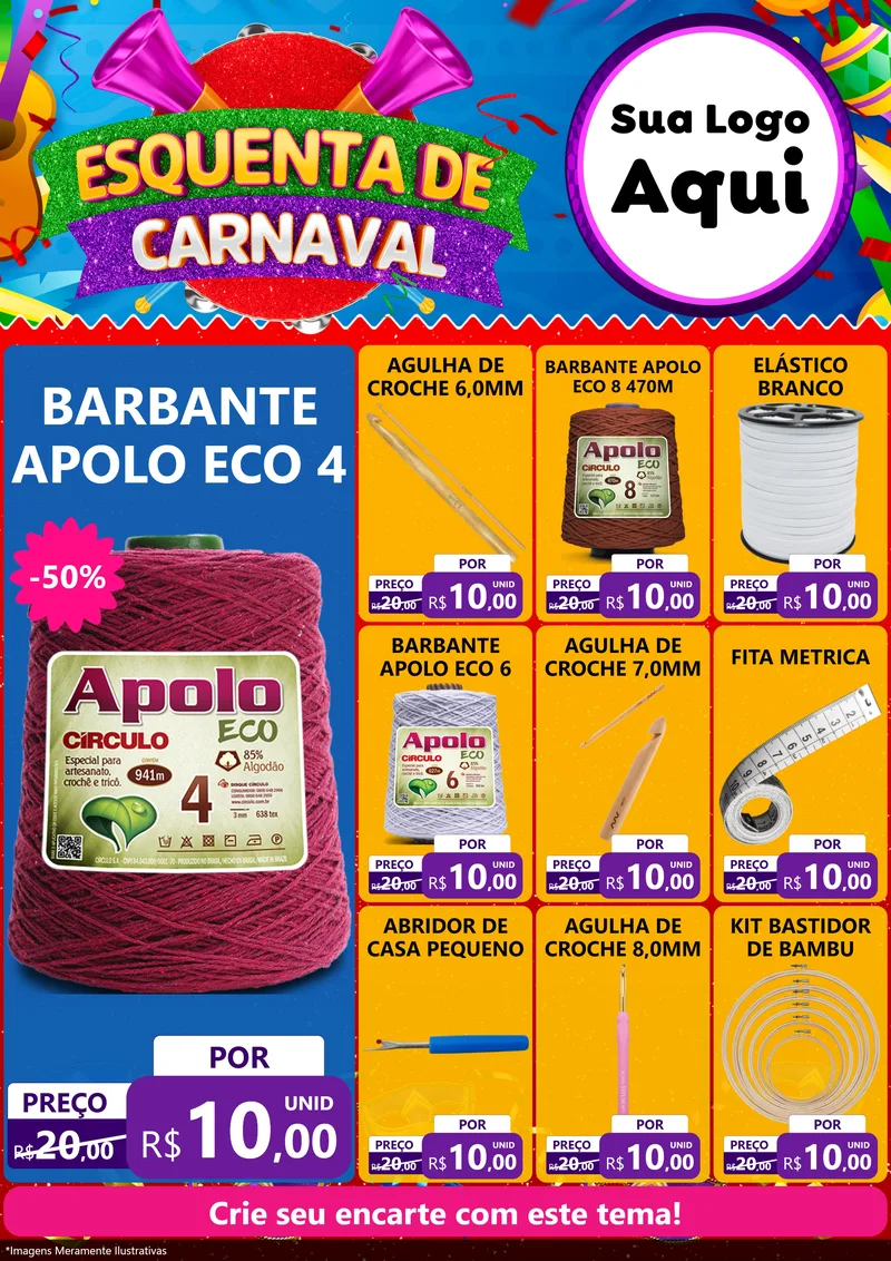 Modelo de Encarte para Encarte A4 Vertical com o tema Esquenta de Carnaval para Armarinho e Aviamentos