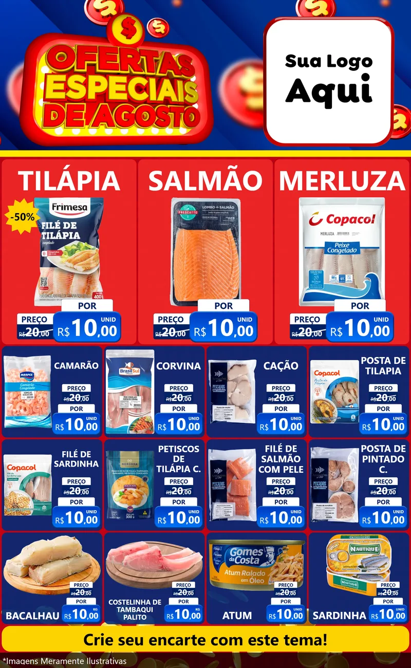 Modelo de Encarte para Encarte Grande com o tema Ofertas Especiais de Agosto para Peixaria