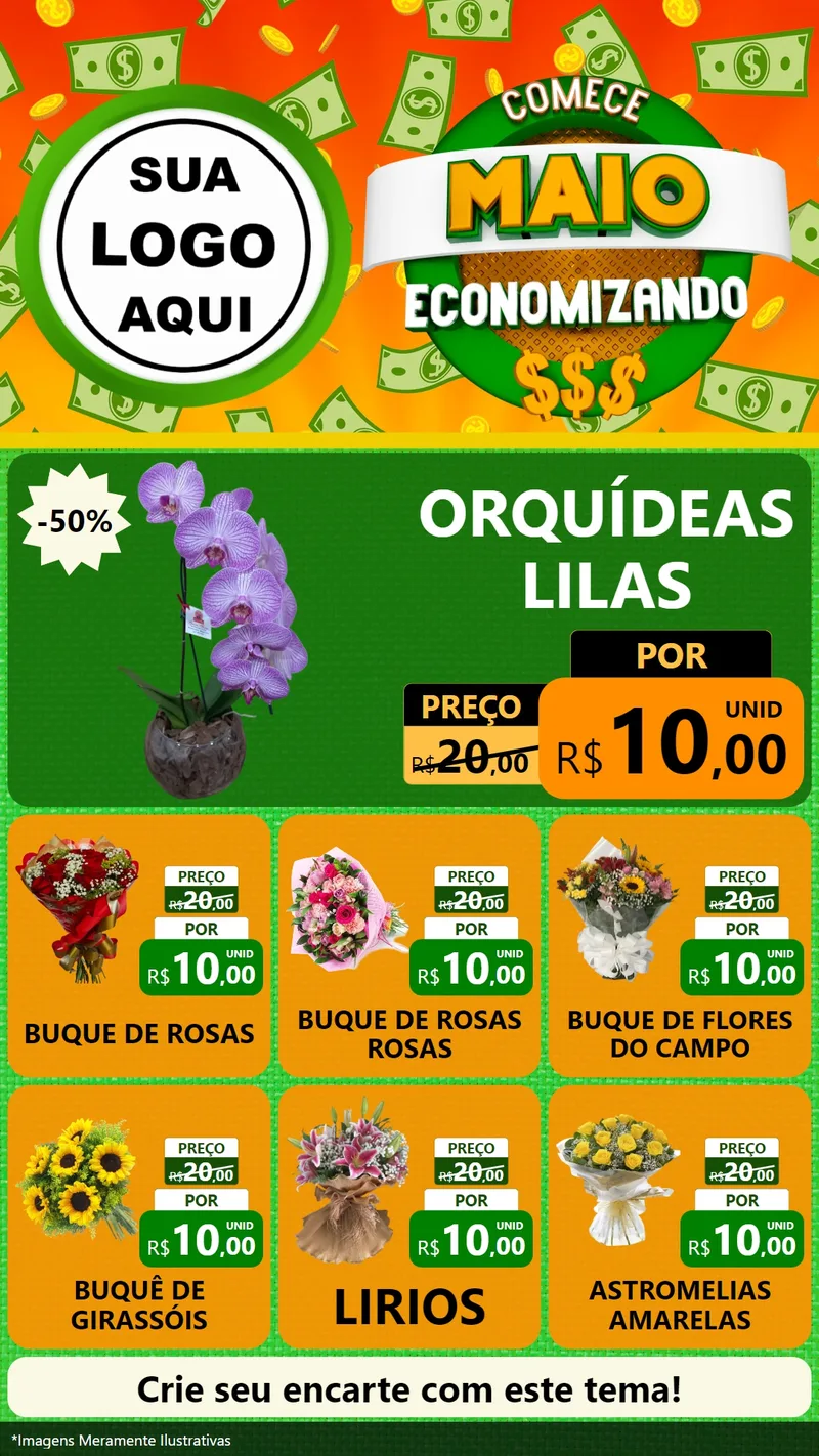 Modelo de Rede Social para Stories com o tema Comece Maio Economizando para Floricultura e jardim
