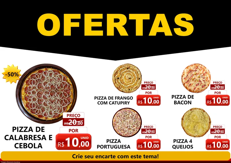 Modelo de Encarte para Encarte A4 Horizontal com o tema Ofertas Preto e Vermelho Cartaz para Pizzaria