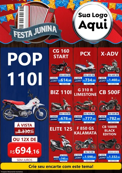 Modelo de Encarte para Encarte A4 Vertical com o tema Festa Junina para Concessionaria de Motos