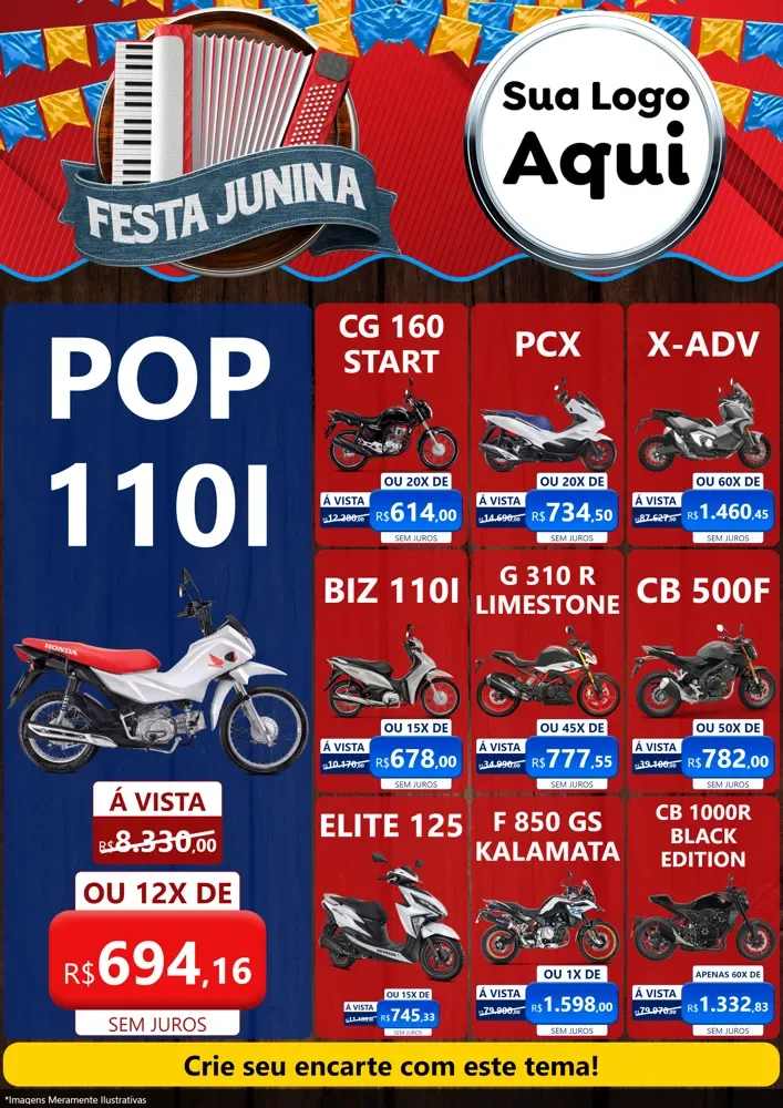 Modelo de Encarte para Encarte A4 Vertical com o tema Festa Junina para Concessionaria de Motos