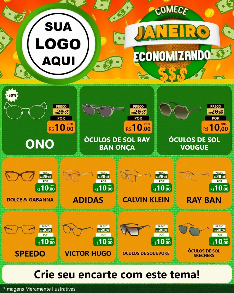 Modelo de Rede Social para Feed Instagram com o tema Comece Janeiro Economizando para Óticas