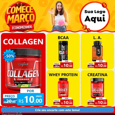 Modelo de Rede Social para Feed Facebook com o tema Comece Março Economizando para Suplementos alimentares