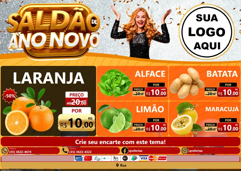 Modelo de Encarte para Encarte A4 Horizontal com o tema Saldão de Ano Novo para Hortifrúti