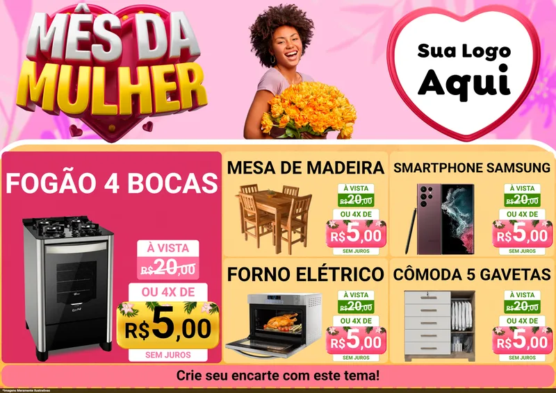 Modelo de Encarte para Encarte A4 Horizontal com o tema Mês da Mulher para Móveis e Eletro