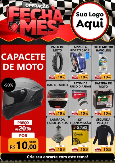 Modelo de Encarte para Encarte A4 Vertical com o tema Operação Fecha Mês - Auto Moto para Moto peças