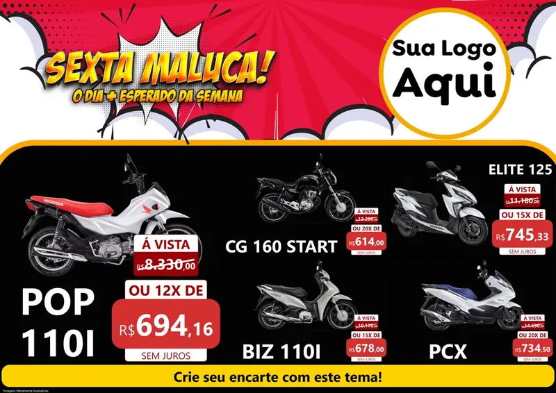 Modelo de Encarte para Encarte A4 Horizontal com o tema Sexta Maluca! para Concessionaria de Motos
