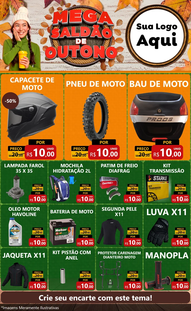 Modelo de Encarte para Encarte Grande com o tema Mega Saldão de Outono para Moto peças