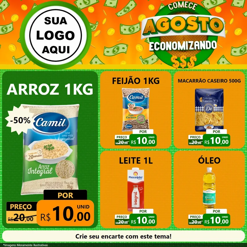 Modelo de Rede Social para Feed Facebook com o tema Comece Agosto Economizando para Supermercado