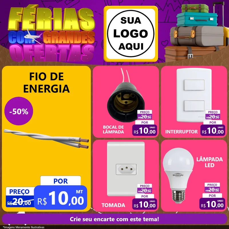 Modelo de Rede Social para Feed Facebook com o tema Férias com Grandes Ofertas para Materiais Elétricos