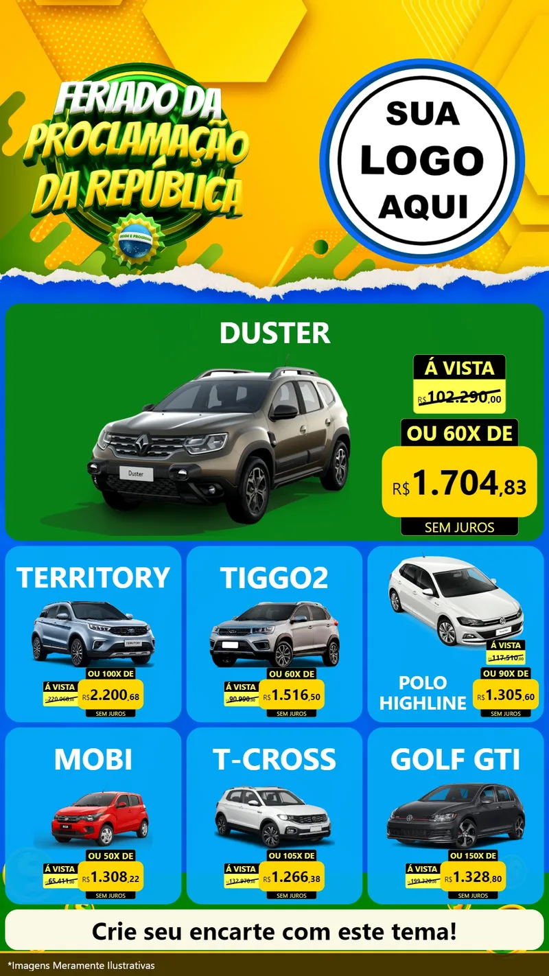 Modelo de Rede Social para Stories com o tema Feriado da Proclamação da República para Concessionaria de Carros