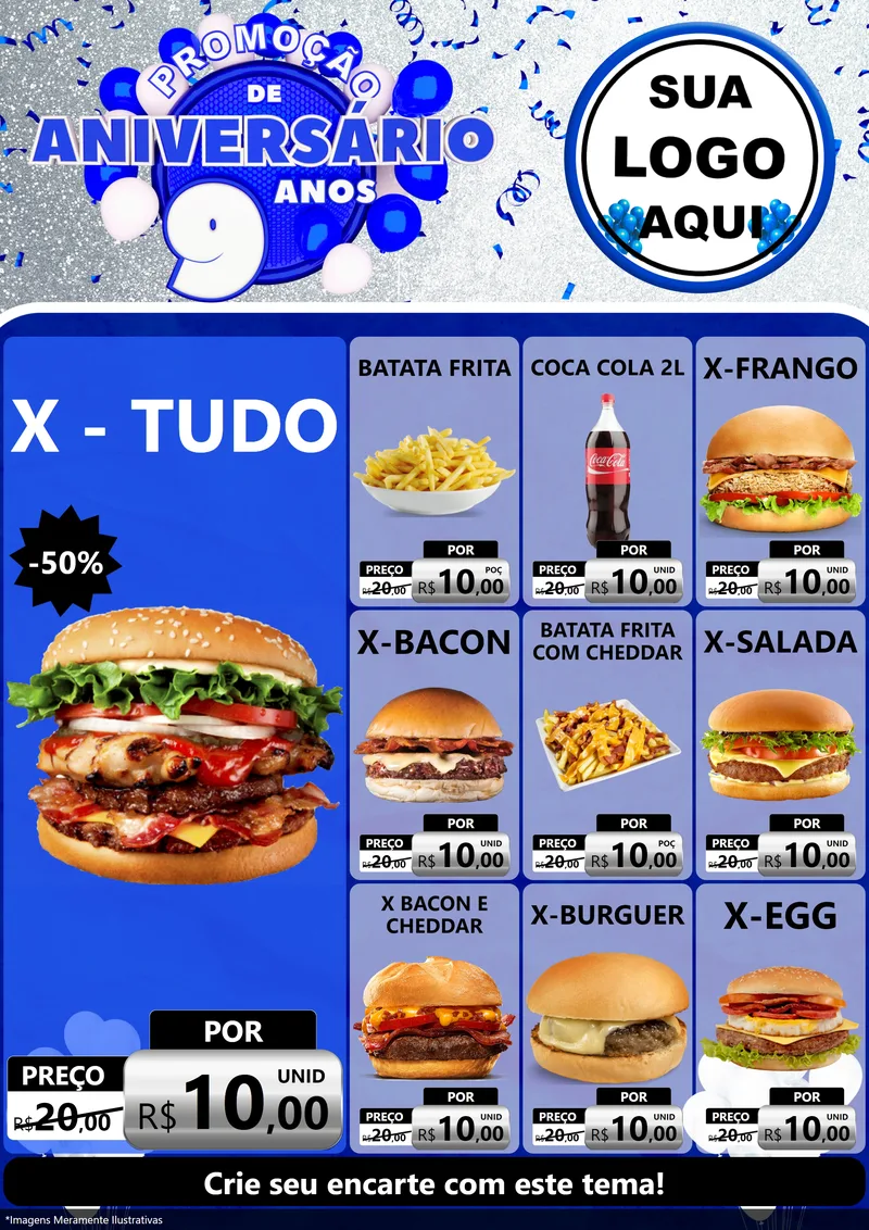 Modelo de Encarte para Encarte A4 Vertical com o tema Promoção de Aniversário - 9 Anos para Hamburgueria