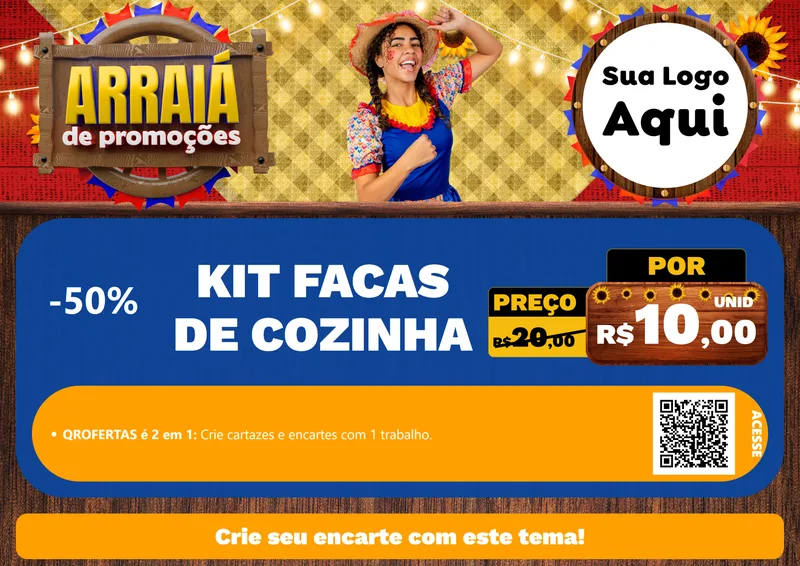 Modelo de Cartaz para Cartaz A4 Horizontal com o tema Arraiá de Promoções para Utilidades Domésticas