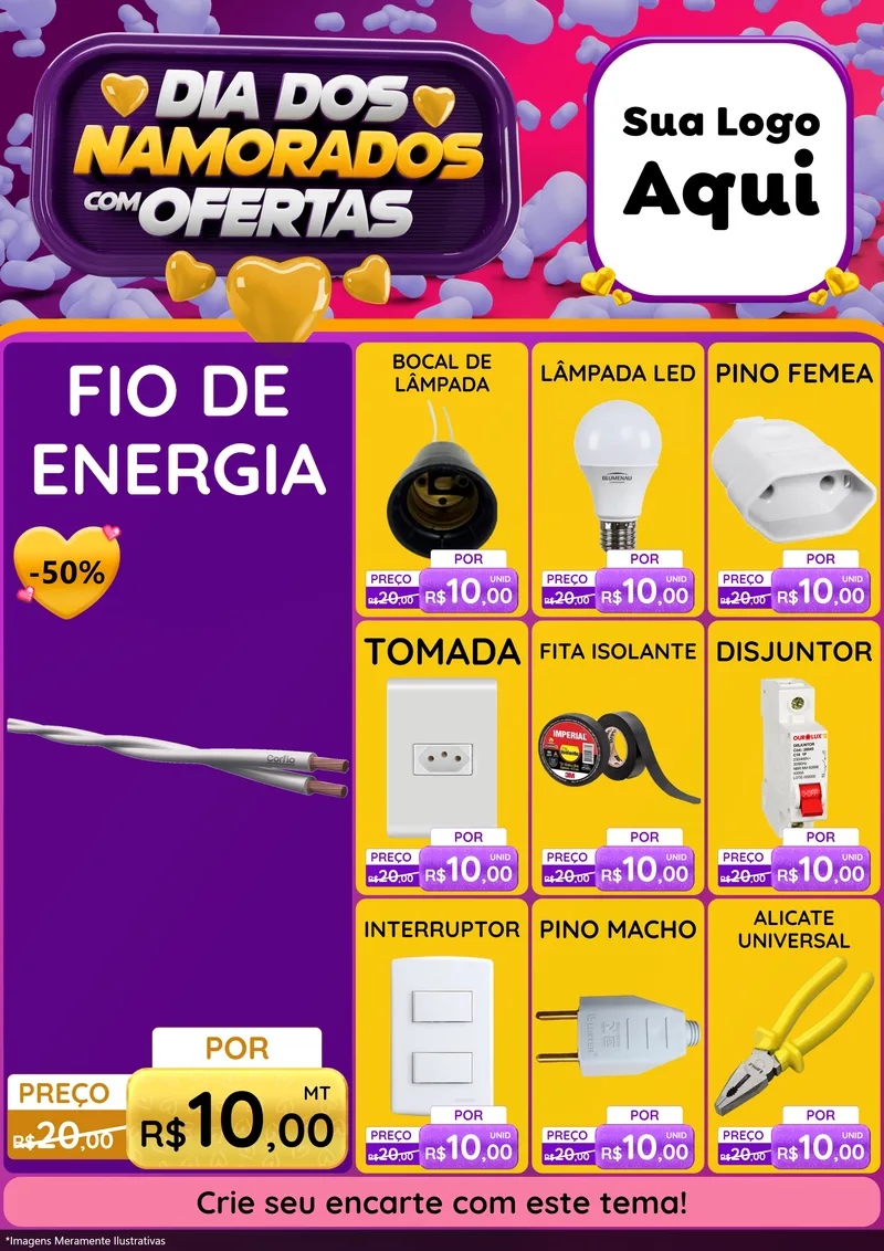 Modelo de Encarte para Encarte A4 Vertical com o tema Dia Dos Namorados Com Ofertas para Materiais Elétricos