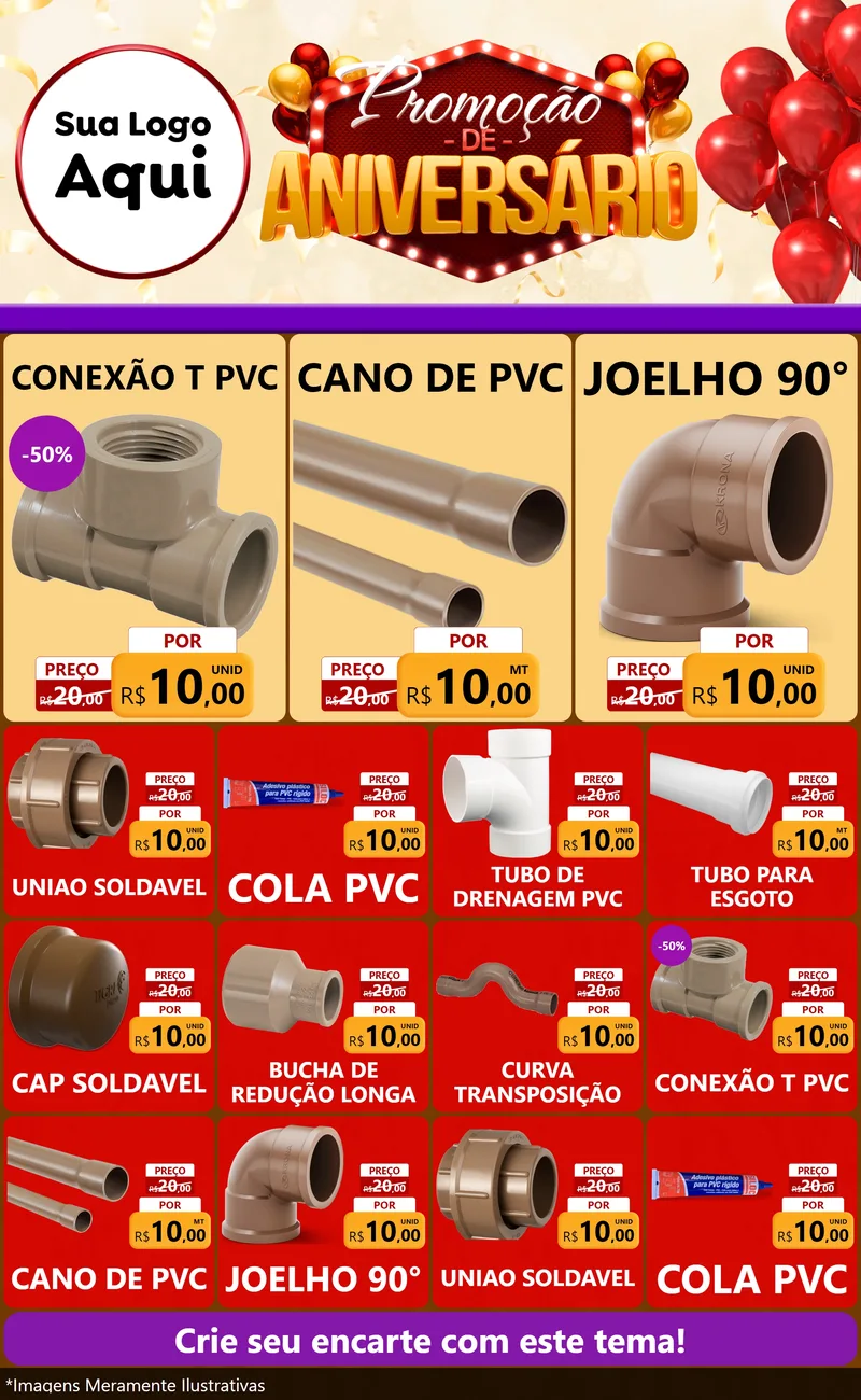 Modelo de Encarte para Encarte Grande com o tema Promoção de Aniversário para Tubos e conexões