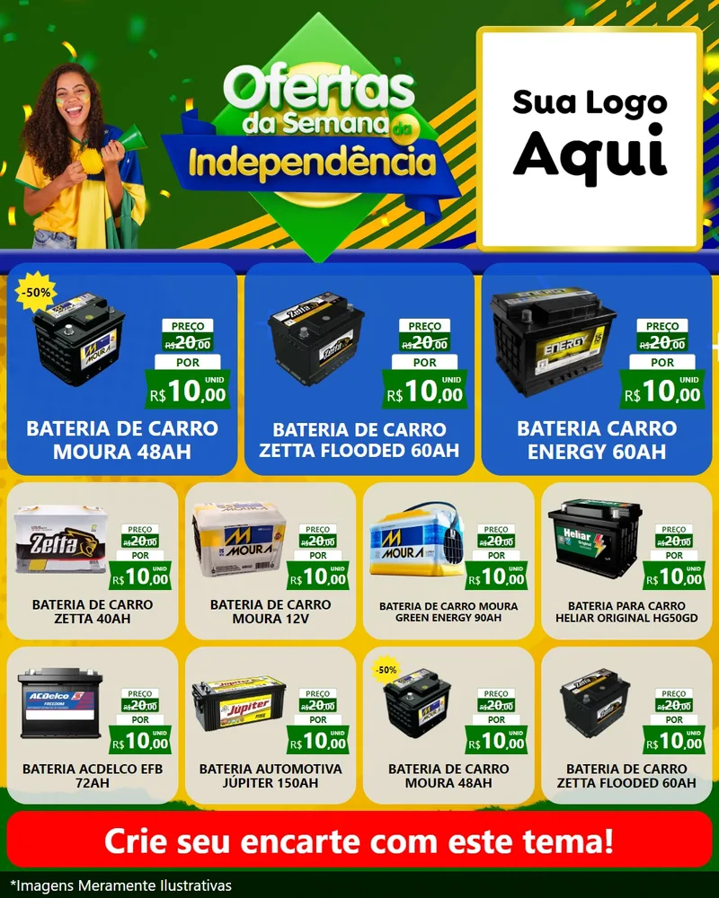 Modelo de Rede Social para Feed Instagram com o tema Ofertas da Semana da Independência para Baterias Elétricas