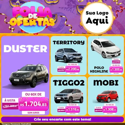 Modelo de Rede Social para Feed Facebook com o tema Folia de Ofertas para Concessionaria de Carros