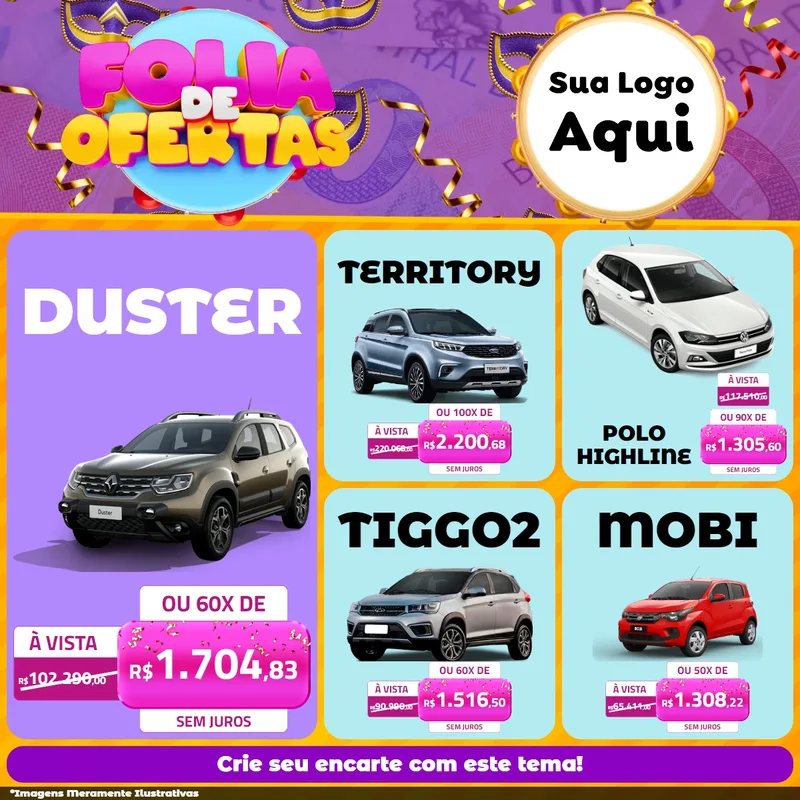 Modelo de Rede Social para Feed Facebook com o tema Folia de Ofertas para Concessionaria de Carros
