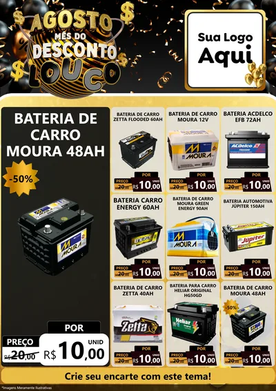 Modelo de Encarte para Encarte A4 Vertical com o tema Agosto Mês do Desconto Louco para Baterias Elétricas