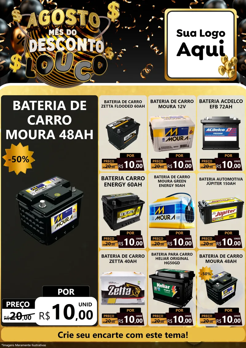 Modelo de Encarte para Encarte A4 Vertical com o tema Agosto Mês do Desconto Louco para Baterias Elétricas