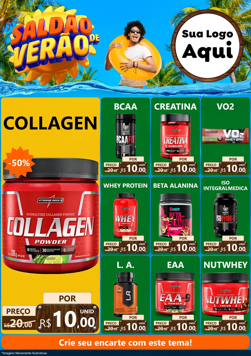 Modelo de Encarte para Encarte A4 Vertical com o tema Saldão de Verão para Suplementos alimentares