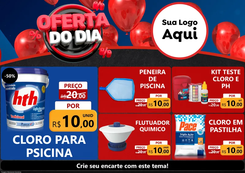 Modelo de Encarte para Encarte A4 Horizontal com o tema Oferta do Dia para Produtos para Piscina