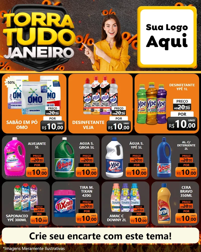 Modelo de Rede Social para Feed Instagram com o tema Torra Tudo Janeiro para Produtos de Limpeza