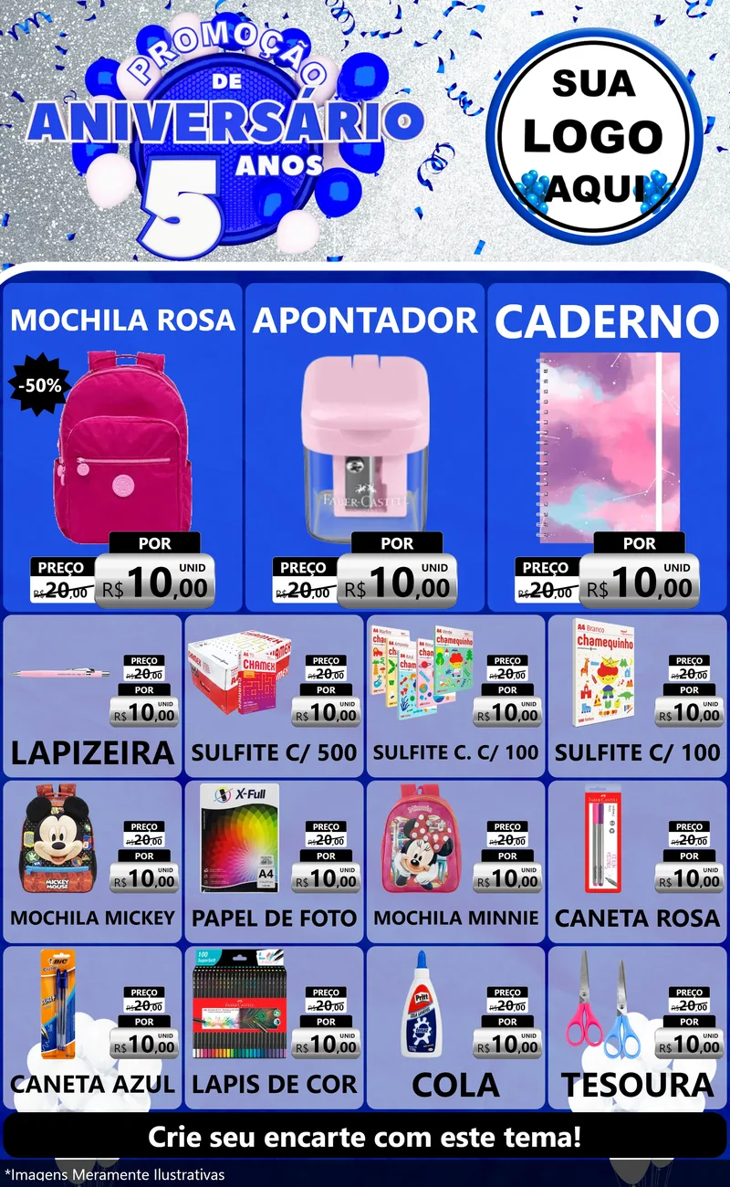 Modelo de Encarte para Encarte Grande com o tema Promoção de Aniversário - 5 Anos para Papelaria