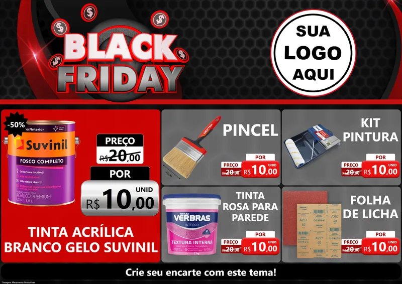 Modelo de Encarte para Encarte A4 Horizontal com o tema Black Friday para Tintas e Ferramentas