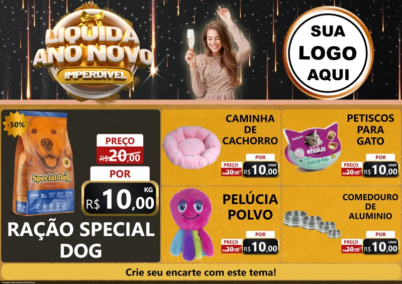 Modelo de Encarte para Encarte A4 Horizontal com o tema Liquida Ano Novo Imperdível para Pet Shop